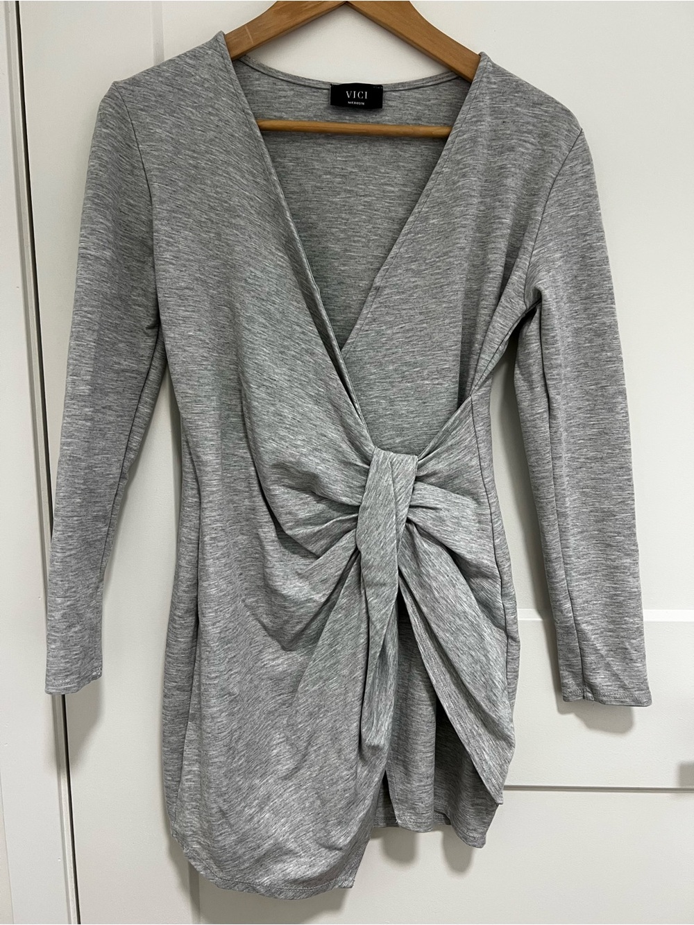 Gray Twist Front Long Sleeve Dress